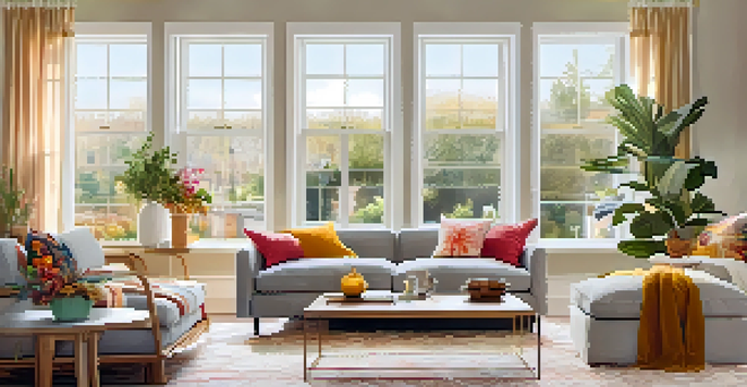 A cozy living room with soft sunlight streaming through windows, featuring a grey sofa with colorful cushions and a rustic coffee table.