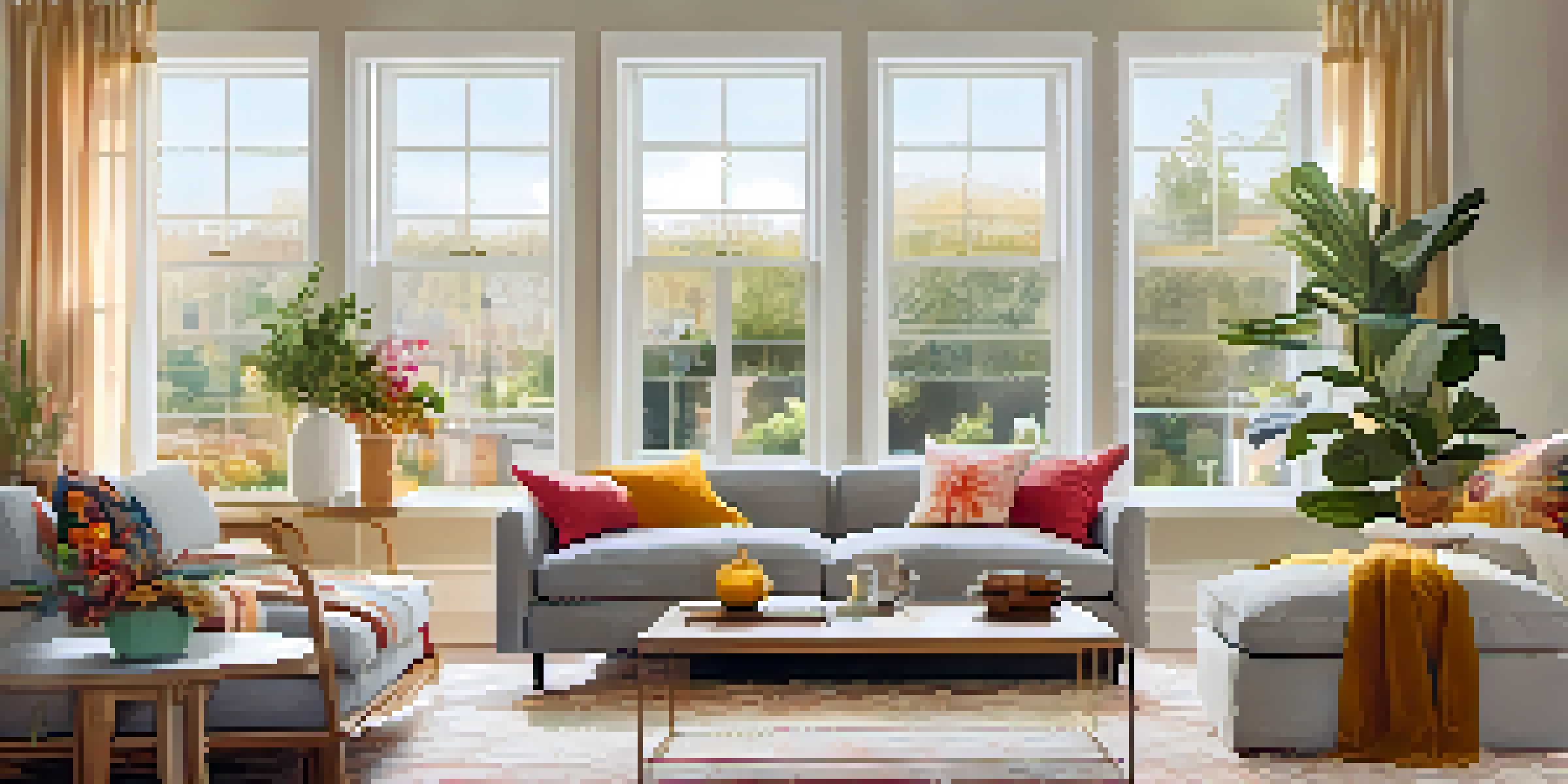 A cozy living room with soft sunlight streaming through windows, featuring a grey sofa with colorful cushions and a rustic coffee table.