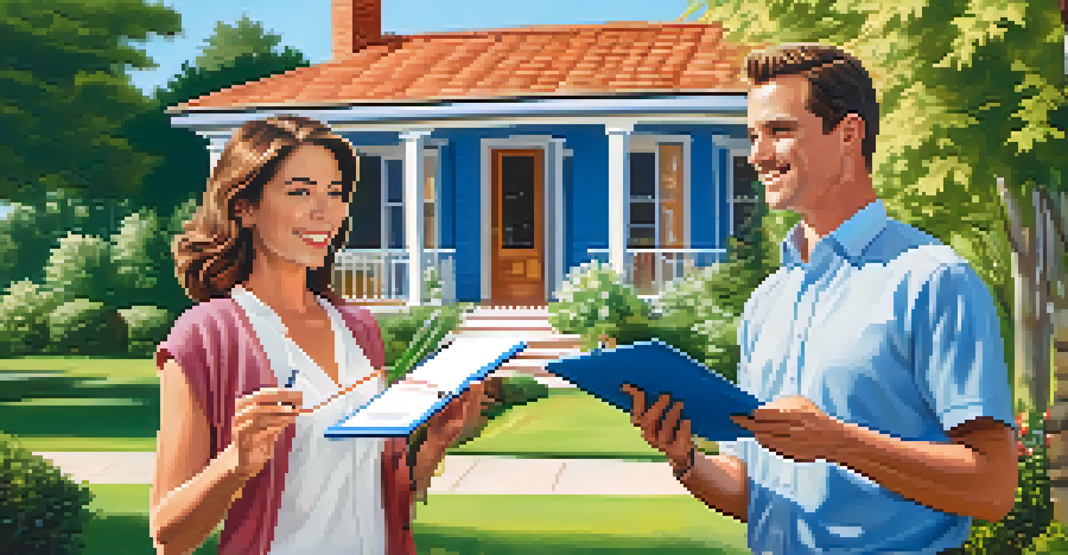 A real estate agent discussing a property with a couple in front of a beautiful home.