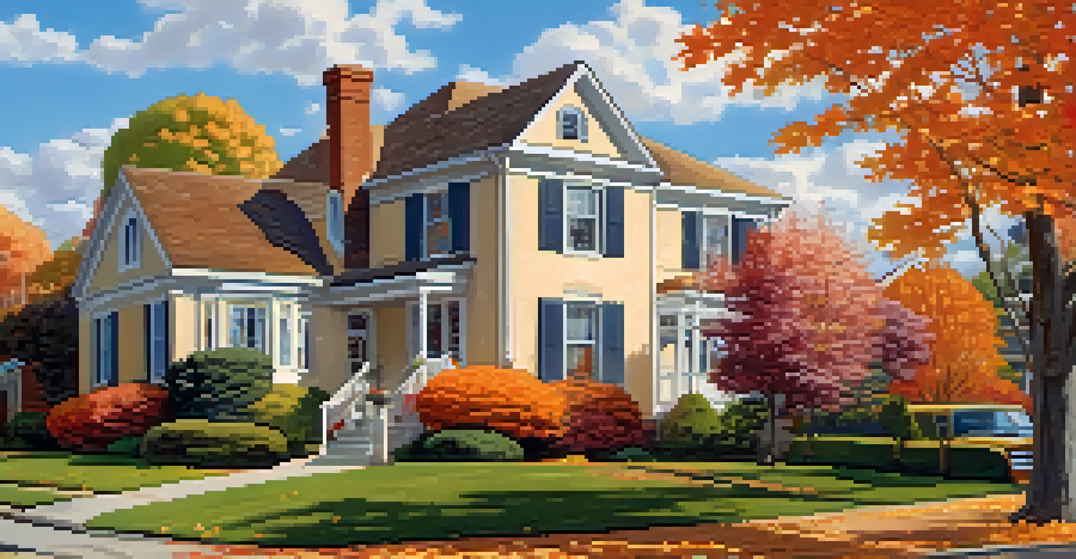 A suburban neighborhood in autumn with colorful trees and a charming house, under a clear blue sky.