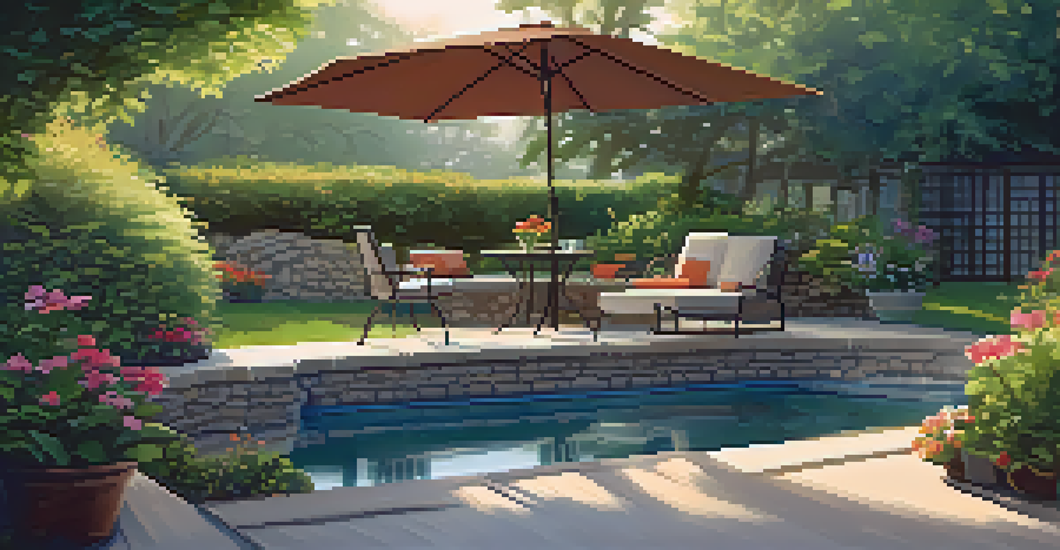 A tranquil backyard garden with a patio, greenery, and flowers, designed for relaxation and remote work.
