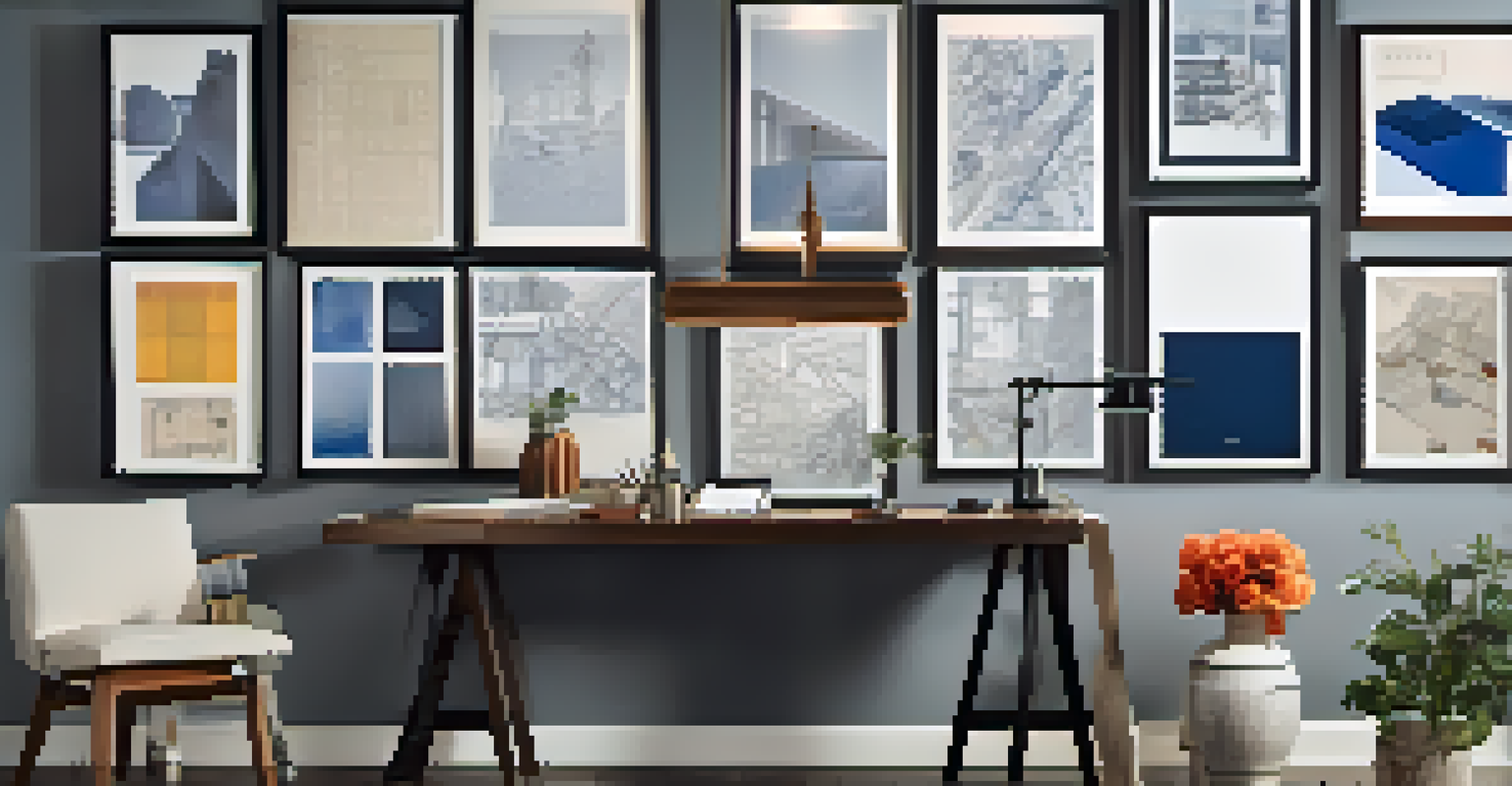 A collage of contractor work samples including blueprints, design sketches, and project photographs displayed in a creative workspace.