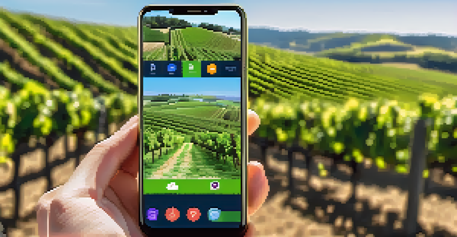 A smartphone showing a virtual tour of a vineyard, depicting green grapevines and a sunny sky.