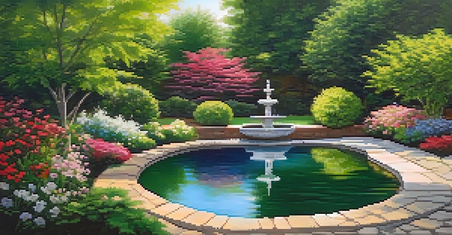 A serene backyard with a tranquil pond and fountain, surrounded by flowers and a stone pathway.