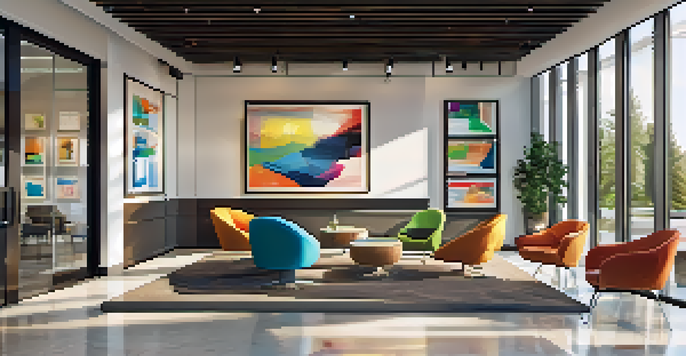 A modern real estate office interior with glass windows and contemporary furniture, illuminated by sunlight.