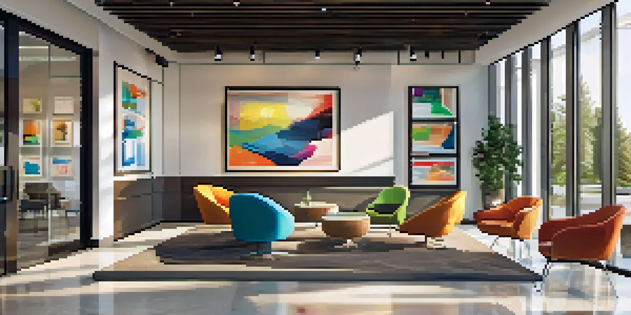 A modern real estate office interior with glass windows and contemporary furniture, illuminated by sunlight.