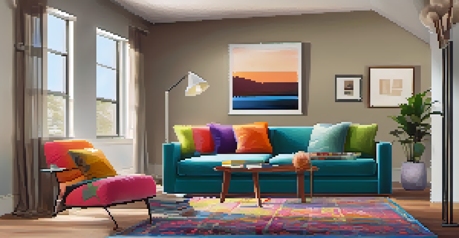 A cozy lounge area in an open floor plan with a plush sofa, colorful cushions, and warm lighting.