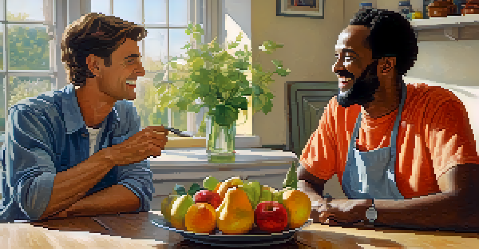A landlord and tenant sitting at a kitchen table, smiling and discussing in a warm atmosphere.
