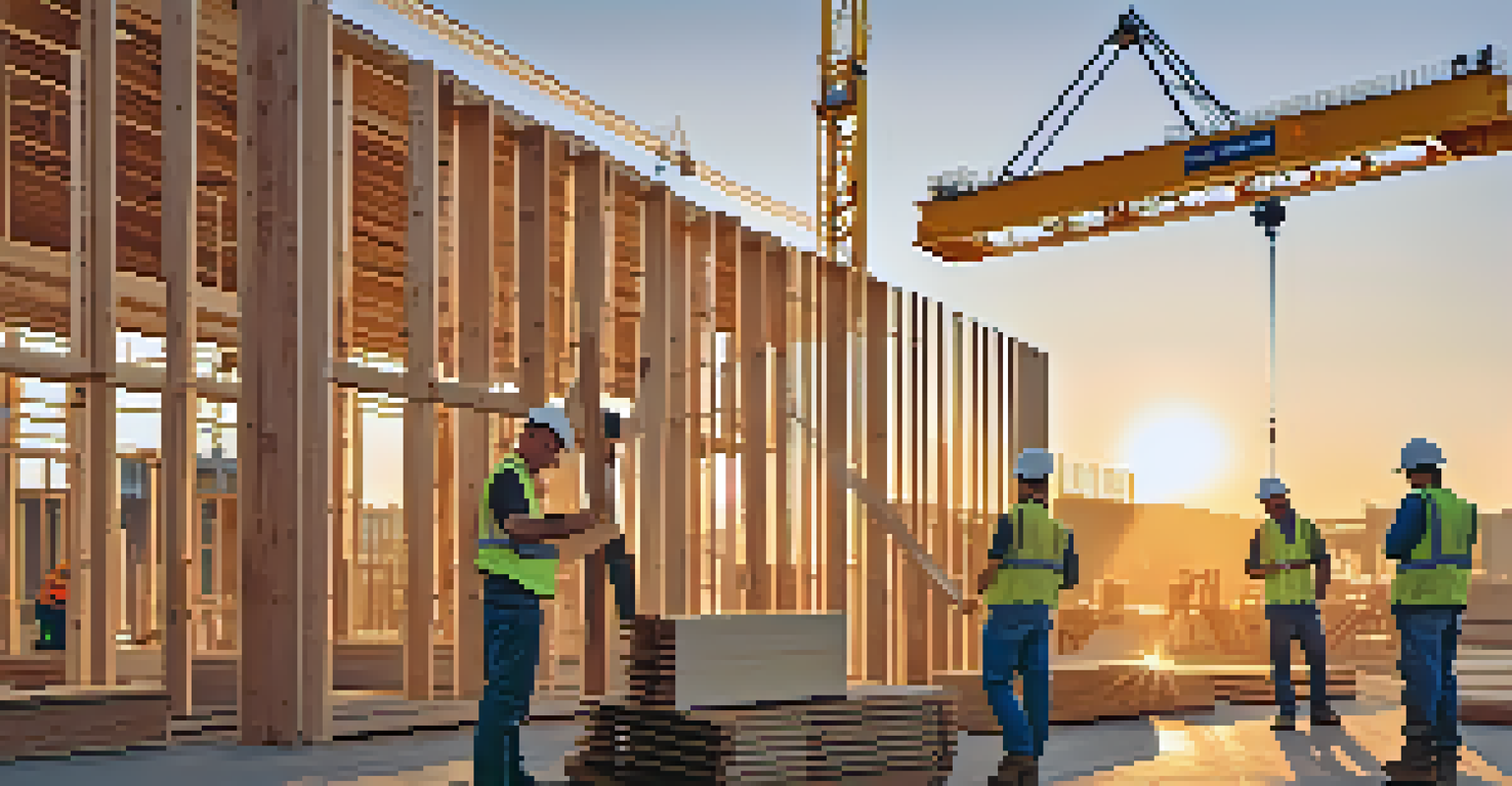Construction workers assembling cross-laminated timber panels at sunset, highlighting sustainable building practices.