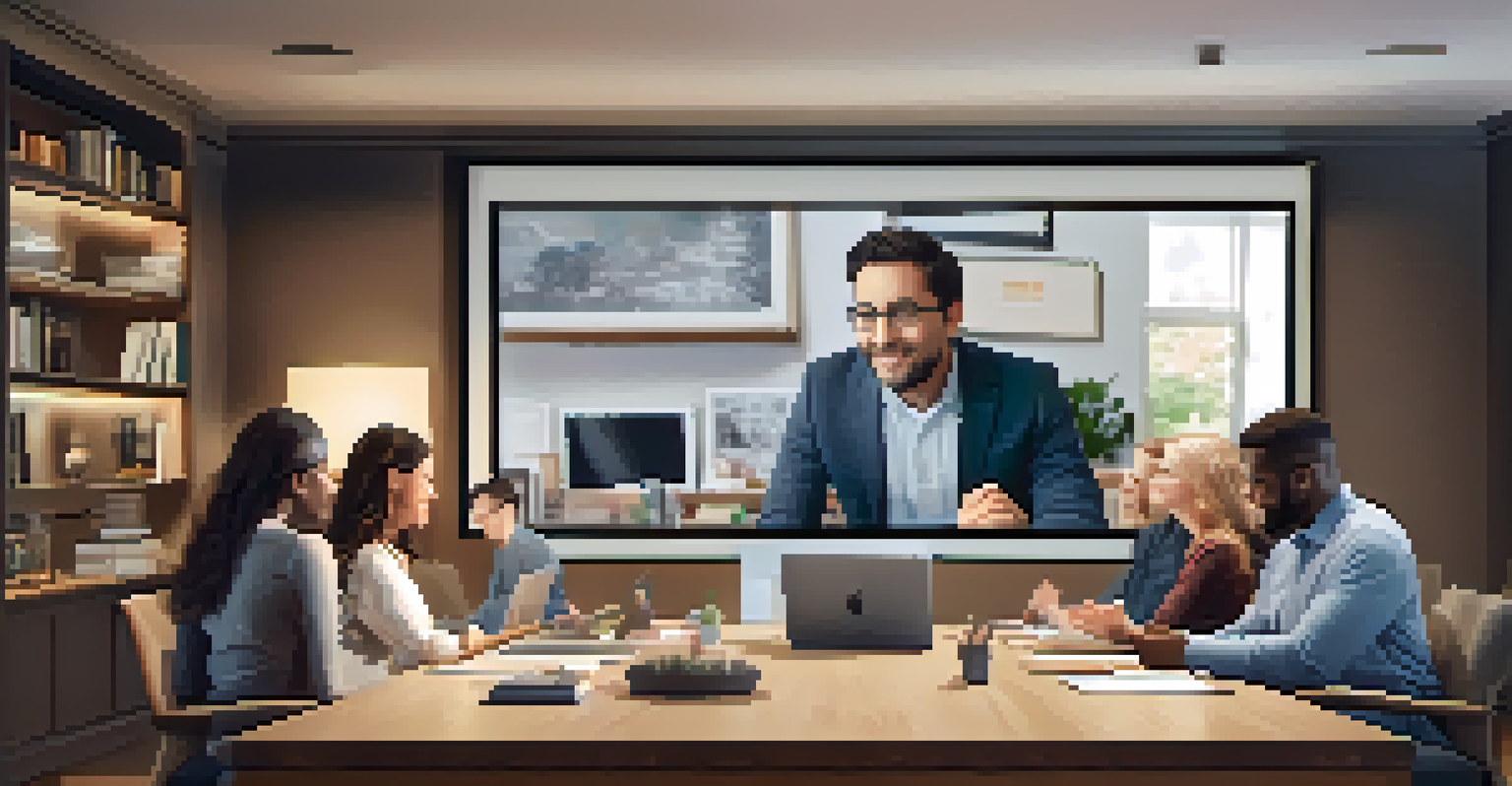 A cozy home office with a computer screen showing a diverse group of professionals in a virtual meeting, surrounded by bookshelves and framed photos.
