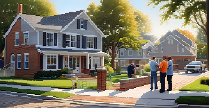 A peaceful neighborhood with a house undergoing renovation, including construction workers and a beautiful garden.