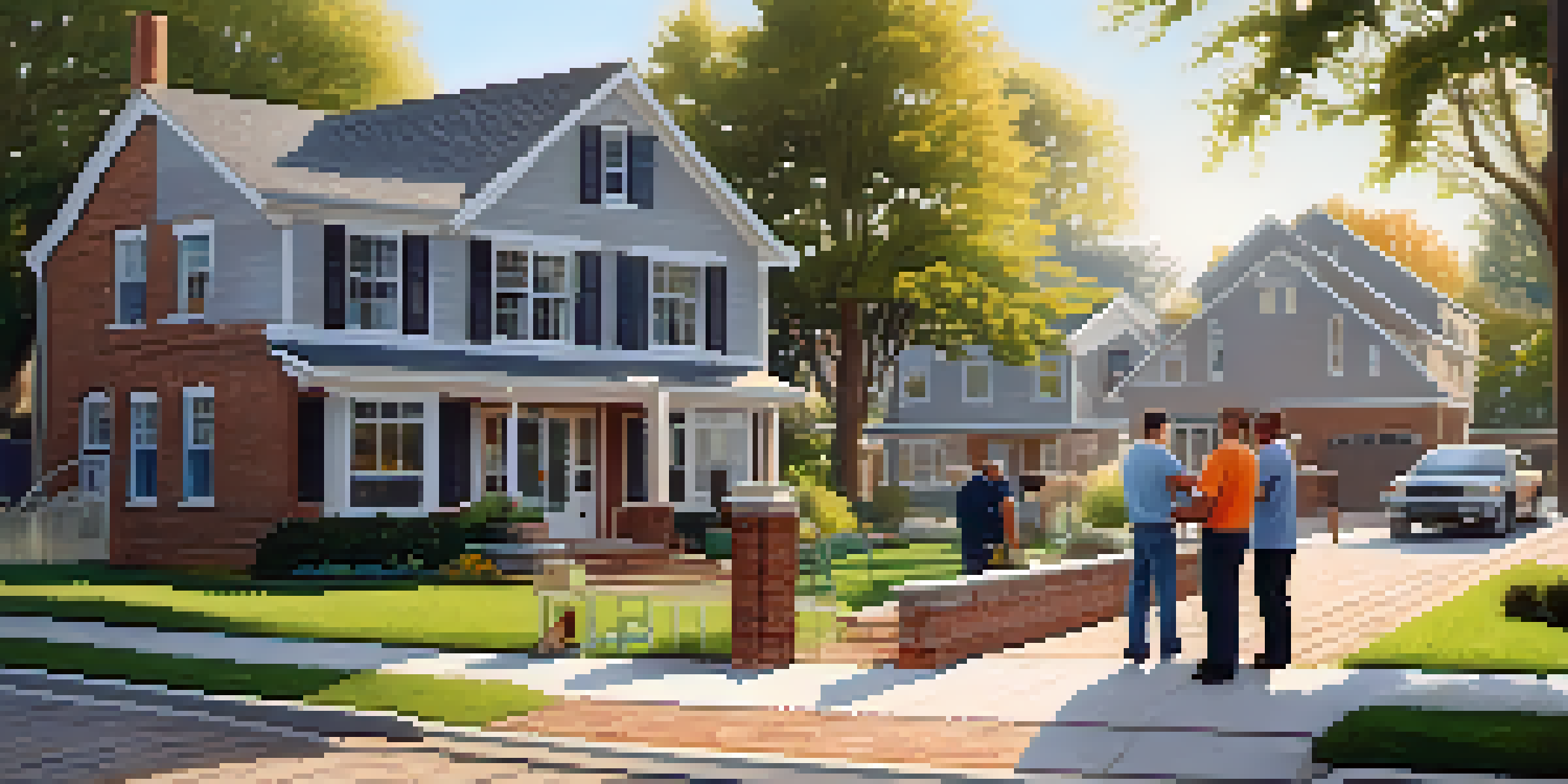 A peaceful neighborhood with a house undergoing renovation, including construction workers and a beautiful garden.