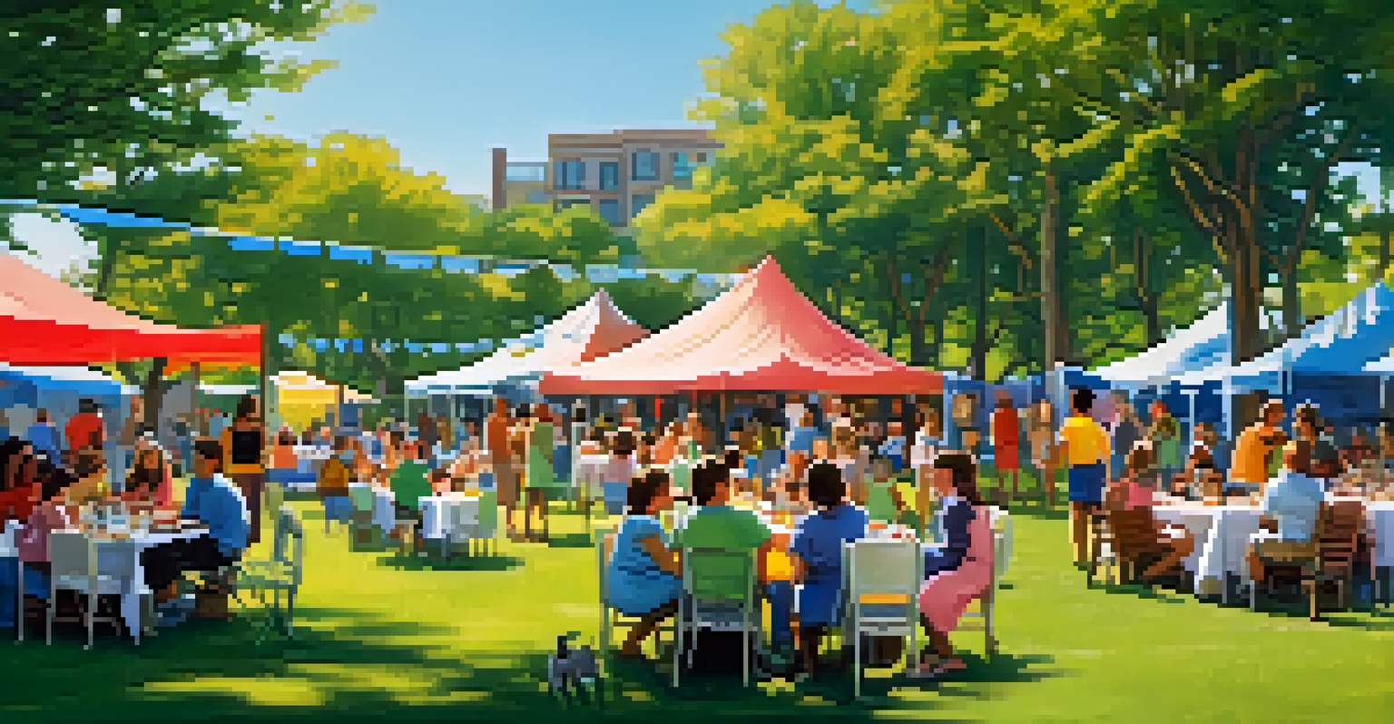 A vibrant outdoor community event with families enjoying food and conversations under a blue sky.