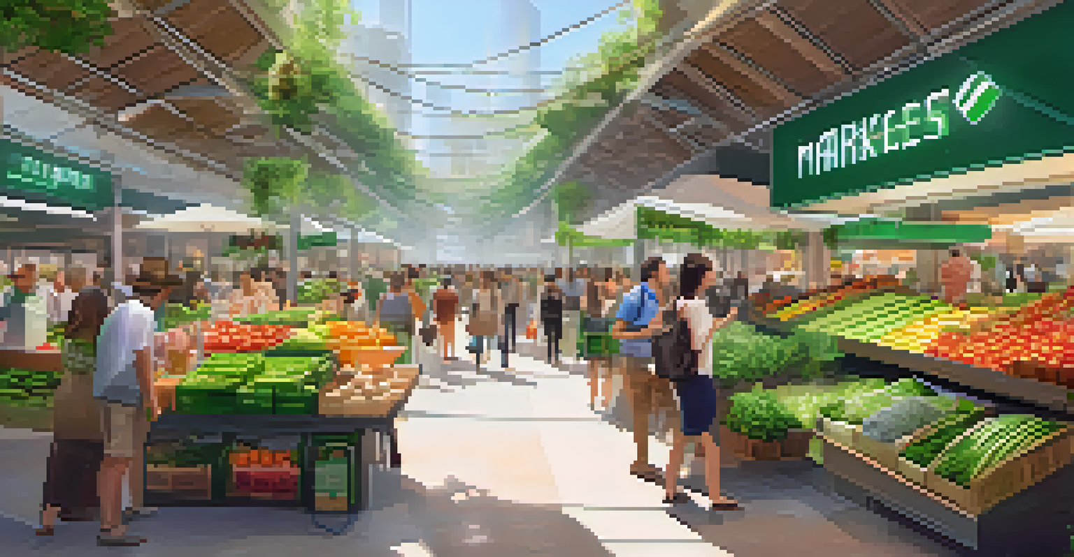 A vibrant marketplace in a smart city with diverse vendors and smart technology.