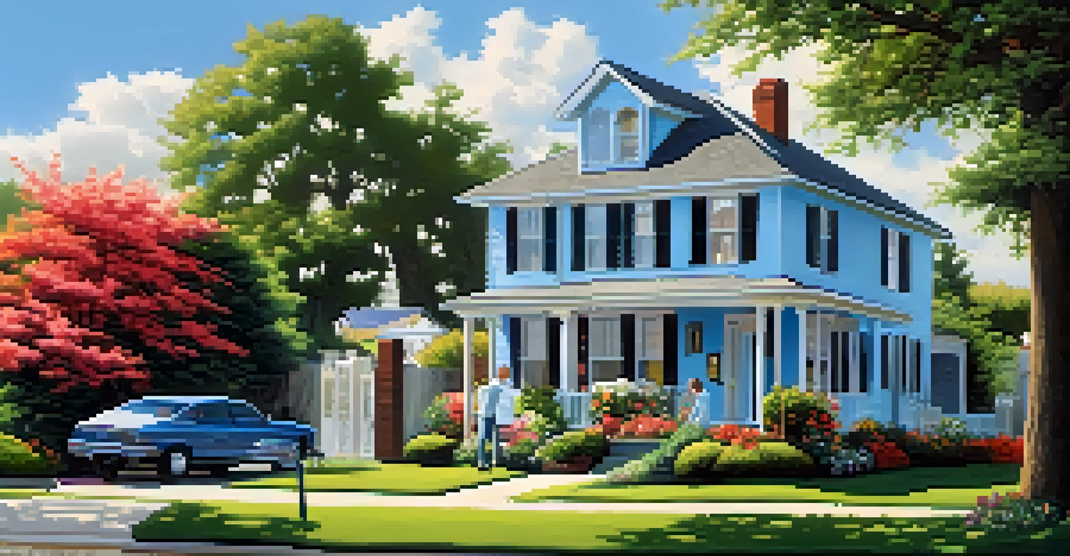 A home inspector on a ladder examining the roof of a charming two-story house with a beautiful garden.
