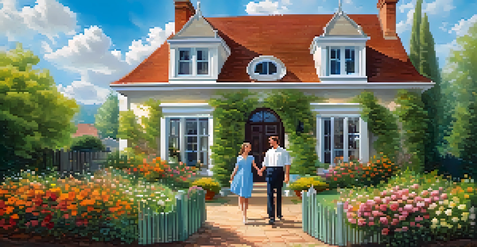 A happy couple in front of a charming house, surrounded by a colorful garden under a bright blue sky.