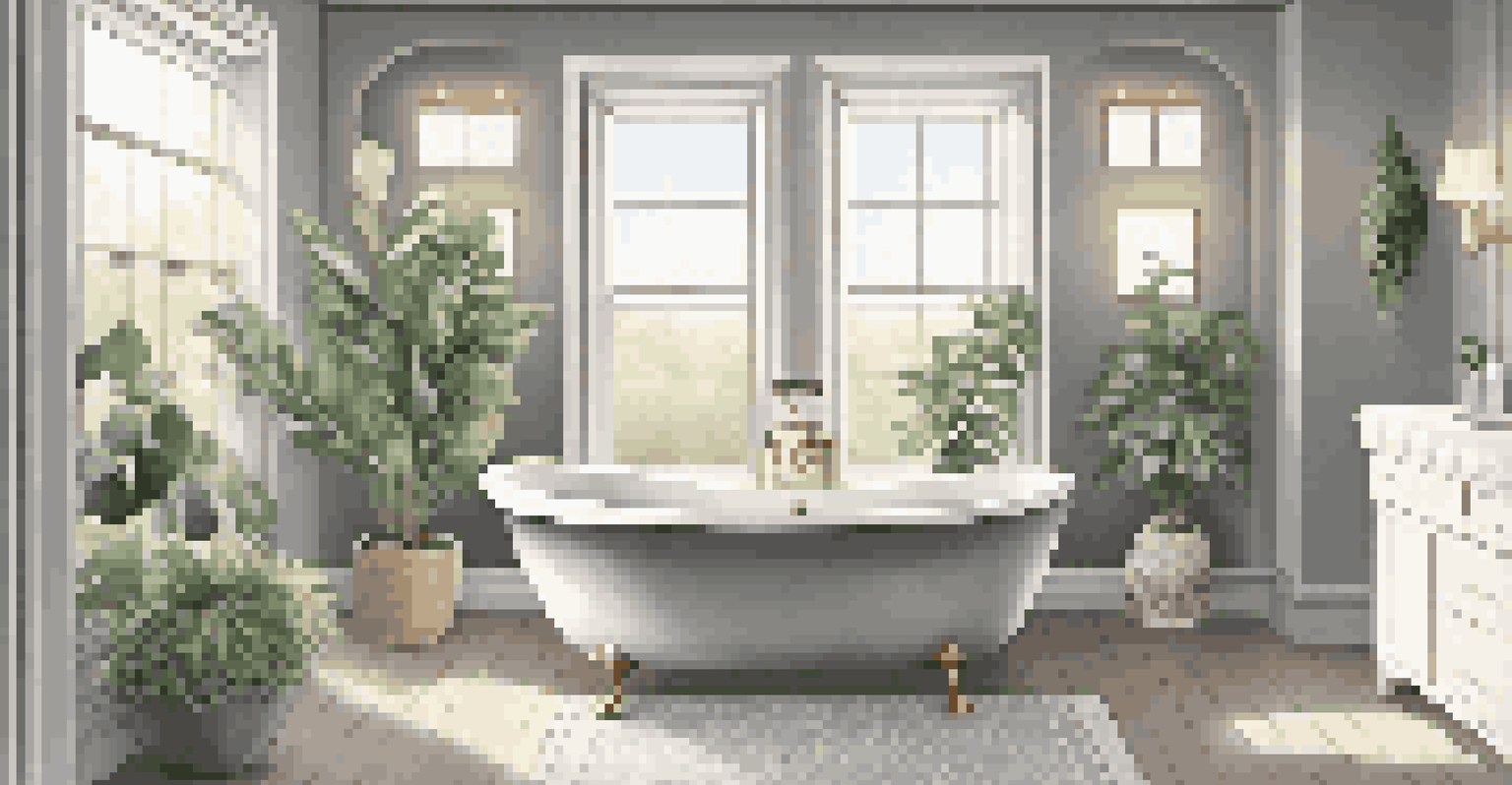 A serene bathroom with a freestanding tub, candles, and plants, illuminated by natural light through a frosted window.