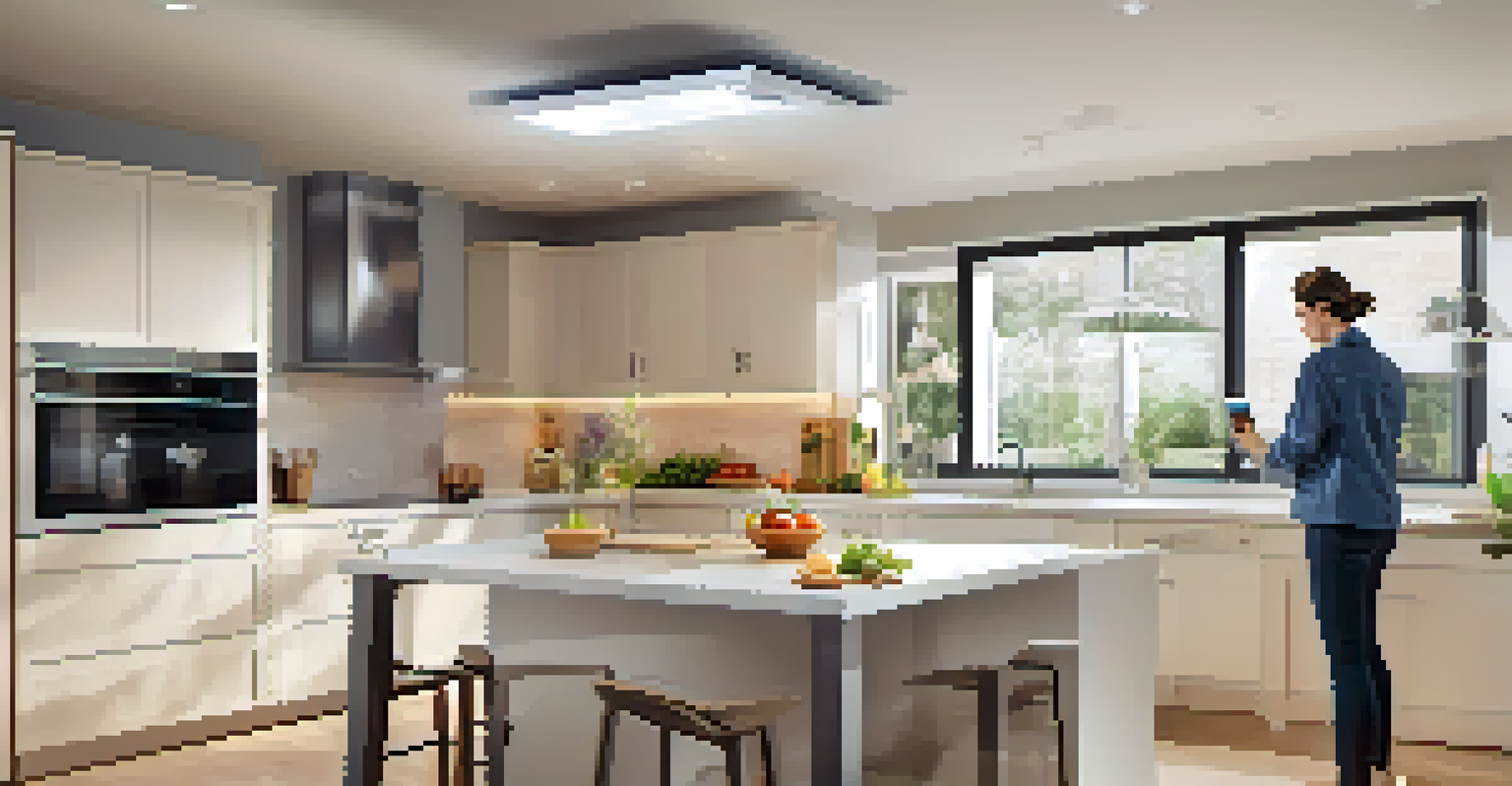 A modern kitchen with energy monitoring devices and a person checking energy usage on a smartphone.