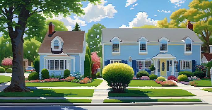 A sunny suburban neighborhood with families discussing property values outside their homes, featuring beautifully maintained lawns and colorful gardens.