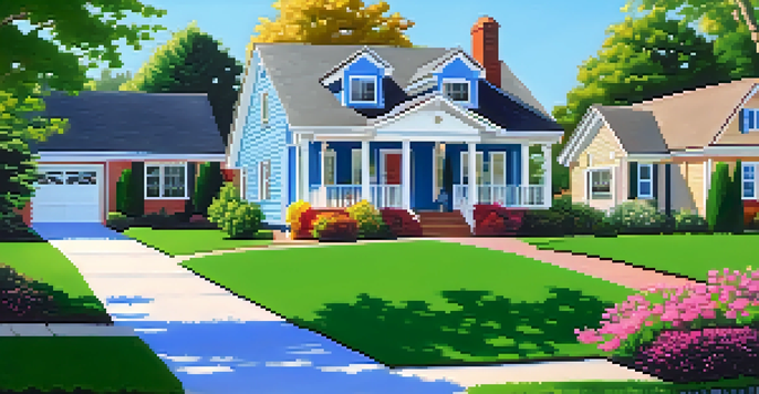 A peaceful suburban neighborhood featuring various homes with vibrant gardens and a sunny sky, highlighting a house with a 'Homestead Exemption' sign in the yard.