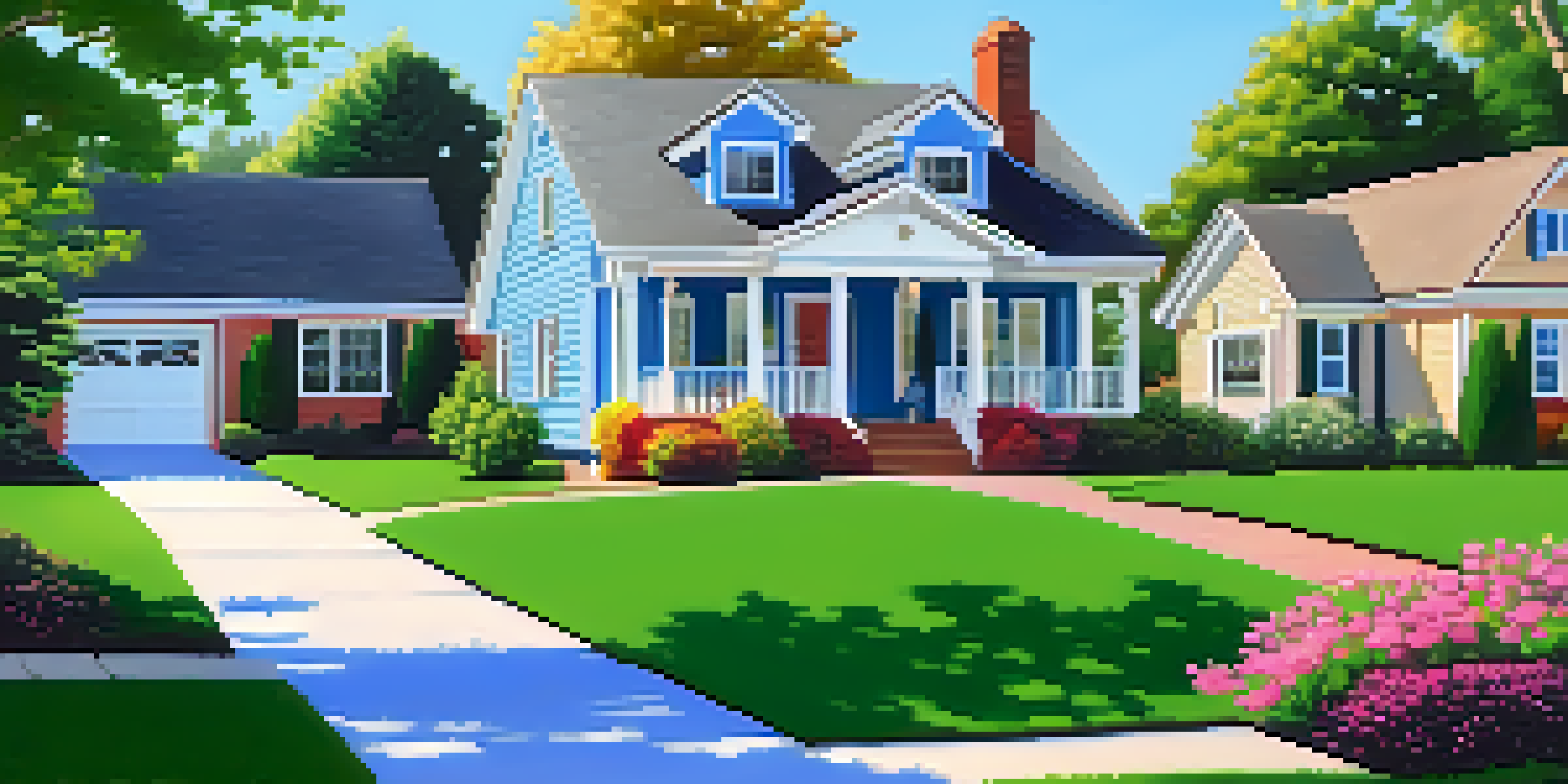 A peaceful suburban neighborhood featuring various homes with vibrant gardens and a sunny sky, highlighting a house with a 'Homestead Exemption' sign in the yard.