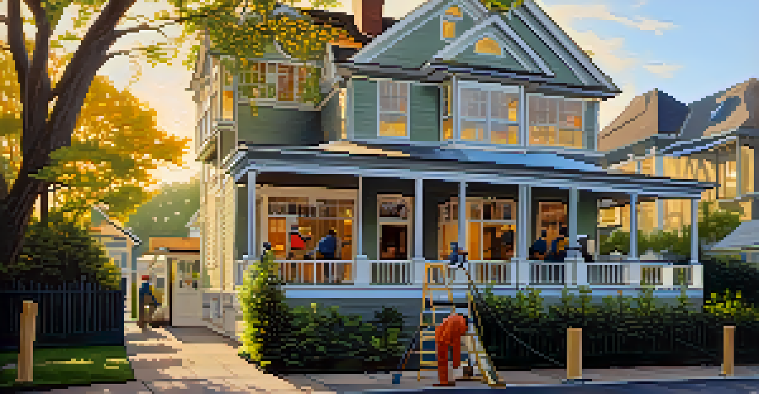 A house under renovation with scaffolding and workers painting, surrounded by greenery in warm sunlight.