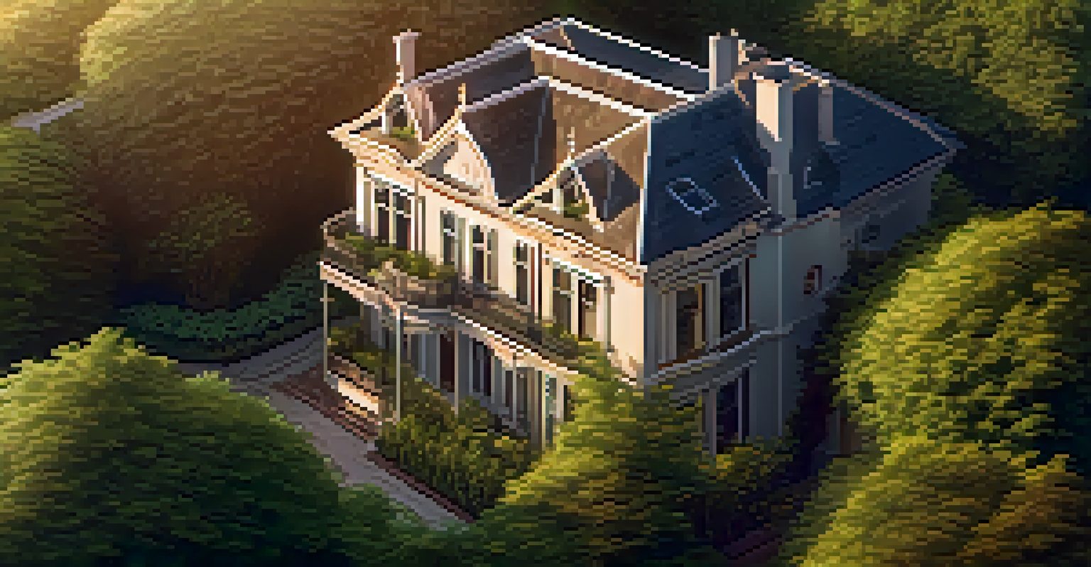 Aerial view of a Victorian house with a green landscape, showcasing the roof and facade details during golden hour.