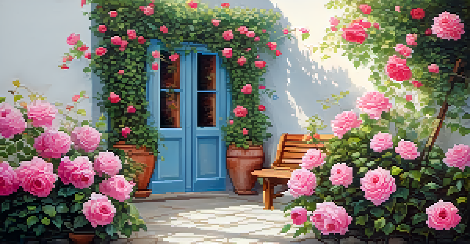 A trellis covered in colorful climbing roses next to a whitewashed wall, with a cozy wooden bench and potted plants nearby.