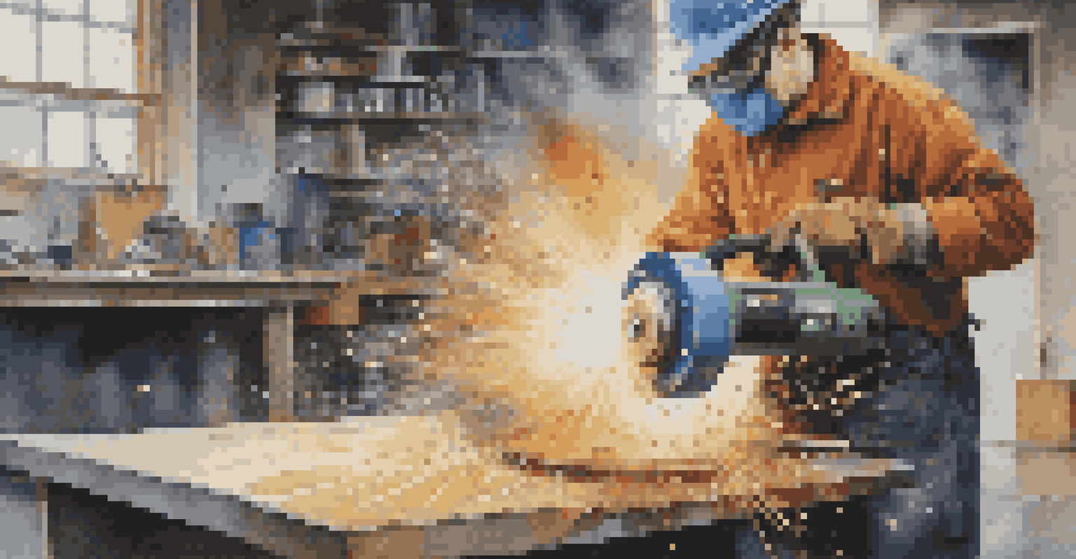 An angle grinder grinding a metal surface, with sparks flying and tools visible in the background.