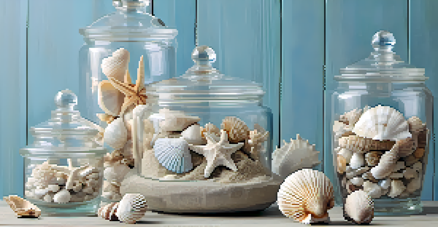 A beach-themed decor with seashells and driftwood in a glass jar against a light blue wall.