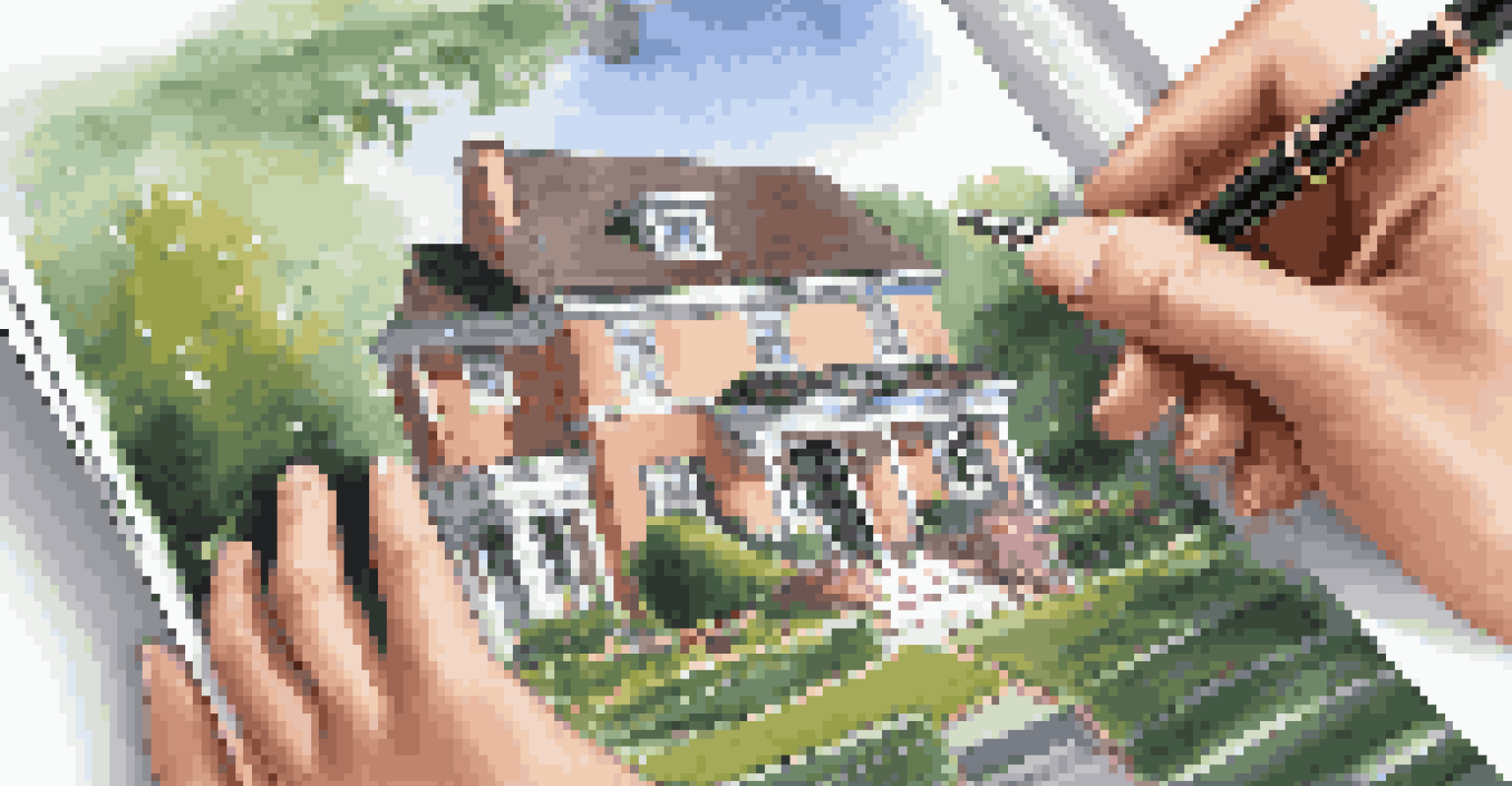 A real estate agent showing a property listing brochure with a house in the background, highlighting features to a client.