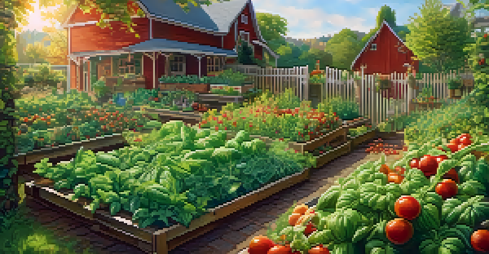 A colorful garden with different edible plants like tomatoes and basil, illuminated by golden sunlight, with bees flying around flowers.