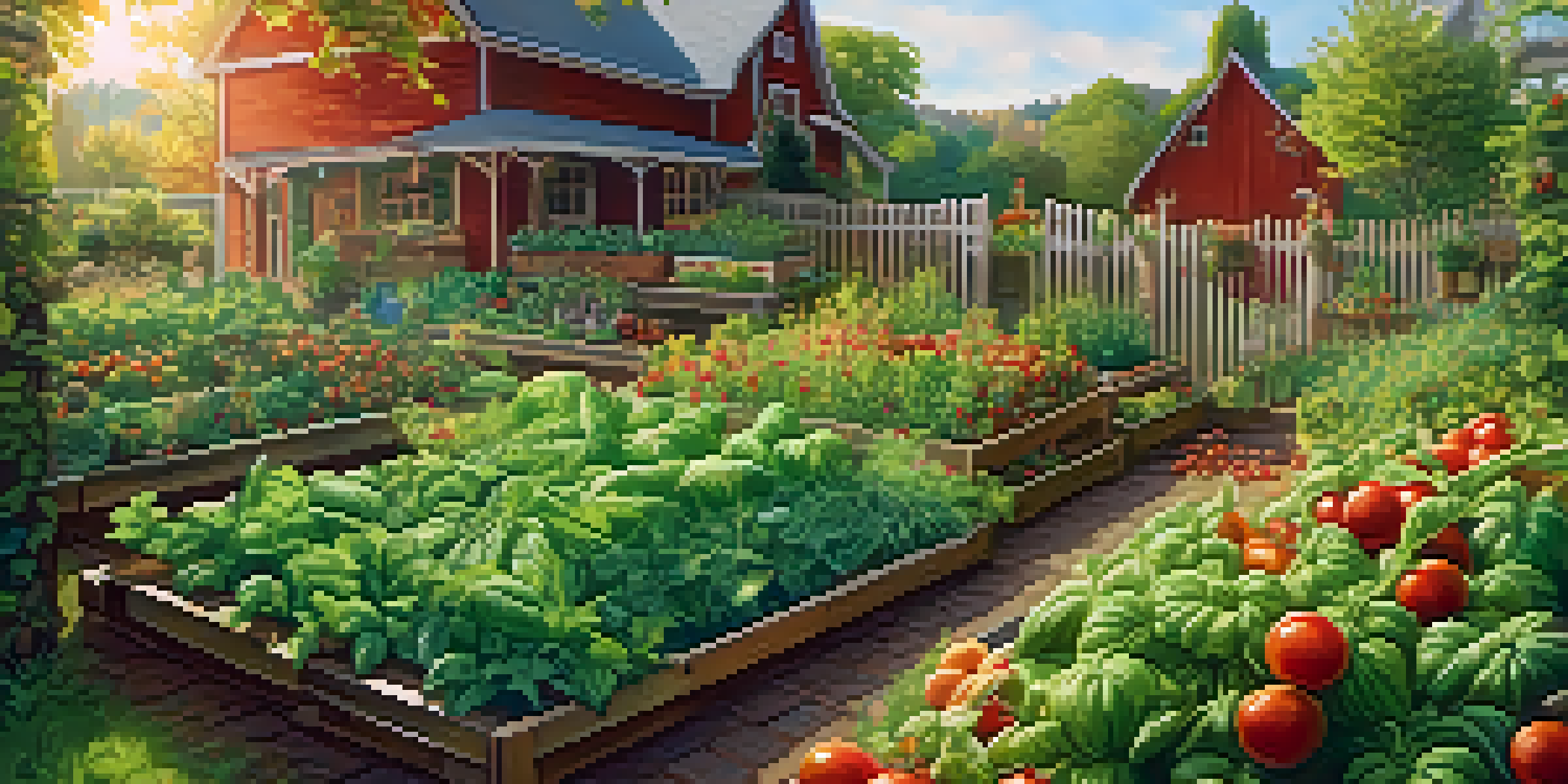 A colorful garden with different edible plants like tomatoes and basil, illuminated by golden sunlight, with bees flying around flowers.