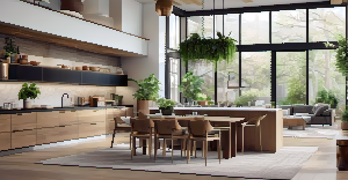 A bright and airy open-concept living room and kitchen with large windows, wooden furniture, and plants, showcasing a cozy and inviting atmosphere.