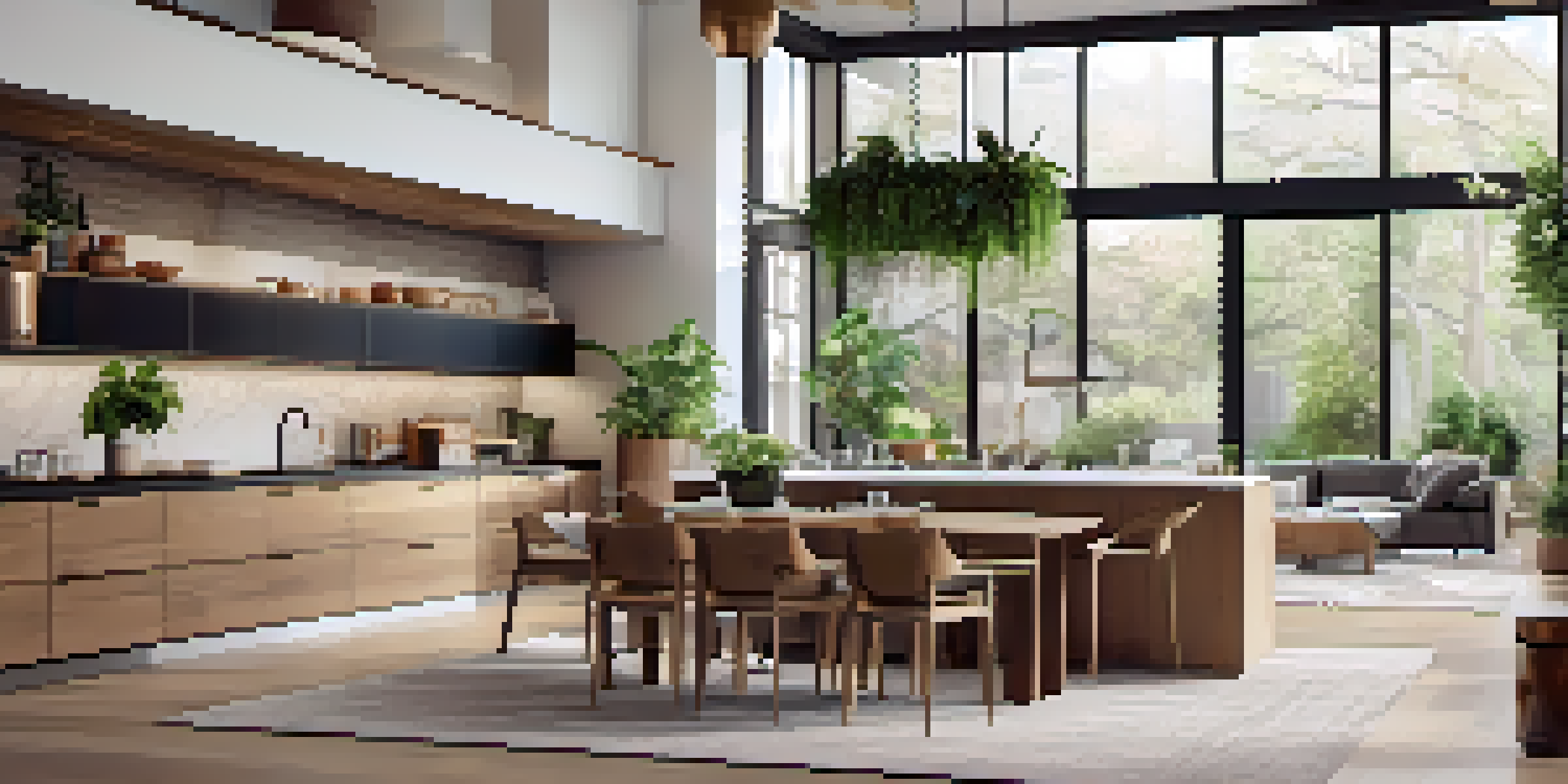 A bright and airy open-concept living room and kitchen with large windows, wooden furniture, and plants, showcasing a cozy and inviting atmosphere.