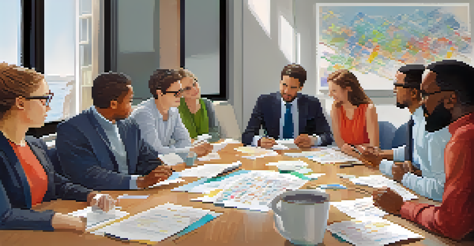 A diverse team collaborating around a table with charts and notes in a bright conference room.