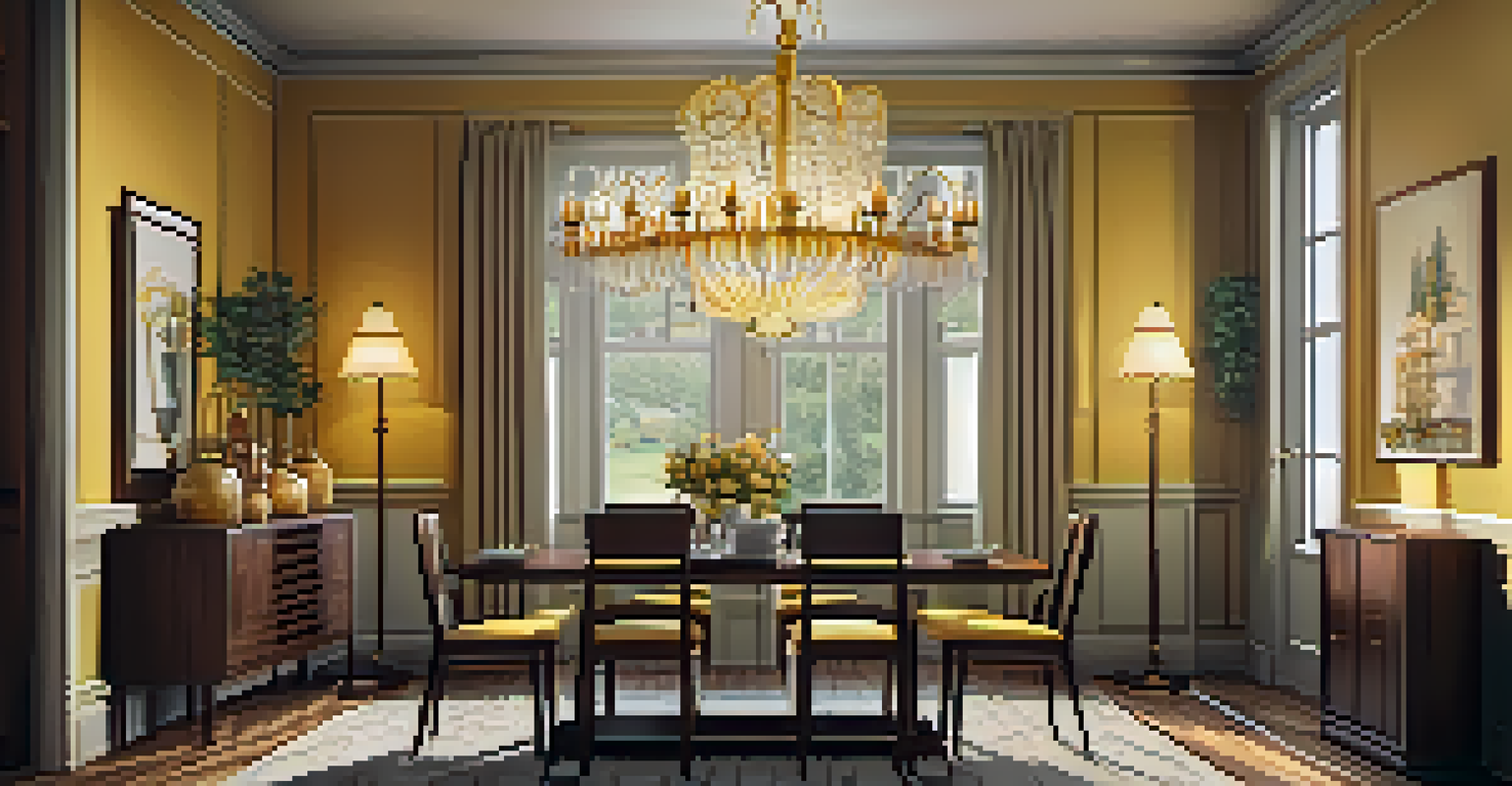 A vintage-inspired dining room with an art deco chandelier and a wooden table set for a meal.