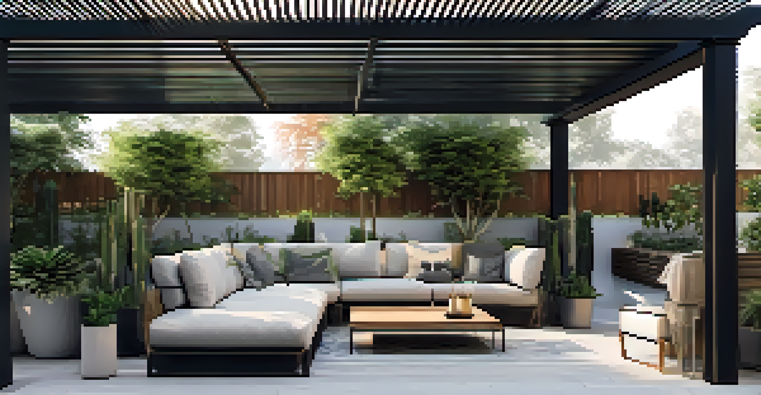 A modern metal pergola in an outdoor space, featuring contemporary furniture and potted plants, creating an elegant atmosphere.