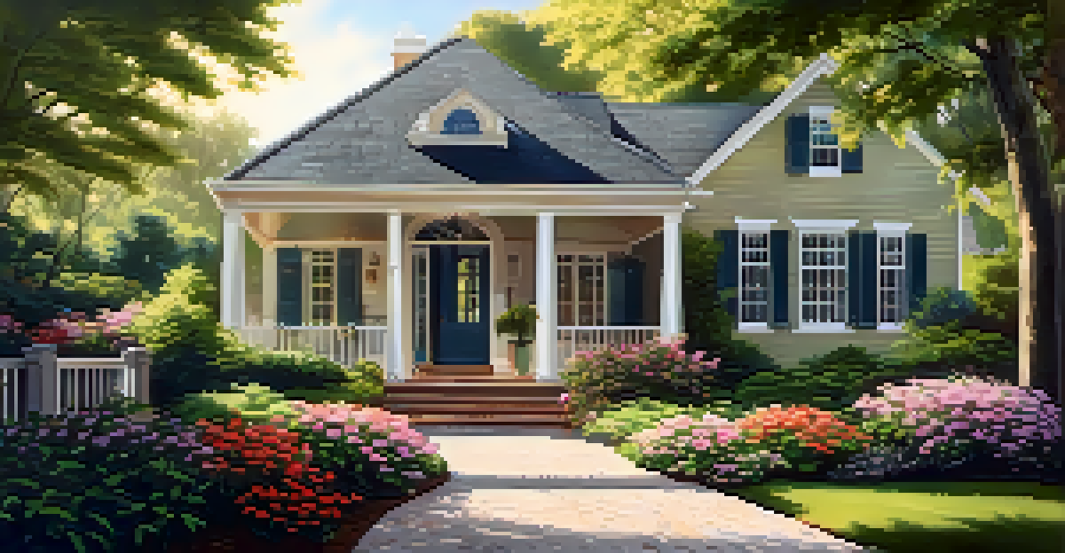 A charming home entrance with a flower-lined path, clean driveway, and a freshly painted front door surrounded by greenery.