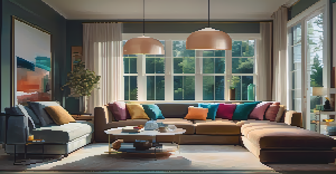 A cozy living room with smart lighting and pendant lights, featuring a plush sofa and large windows letting in natural light.