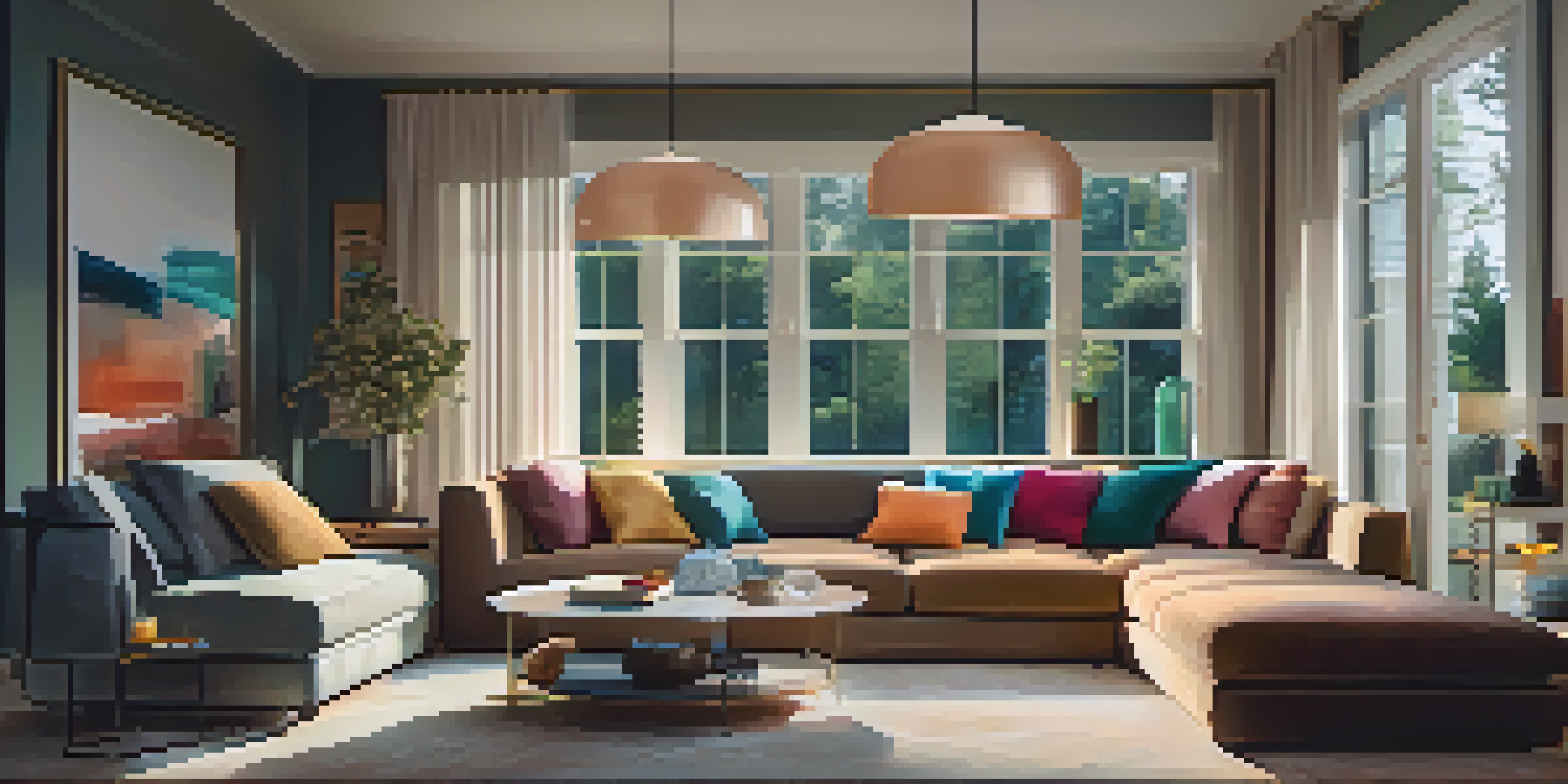 A cozy living room with smart lighting and pendant lights, featuring a plush sofa and large windows letting in natural light.