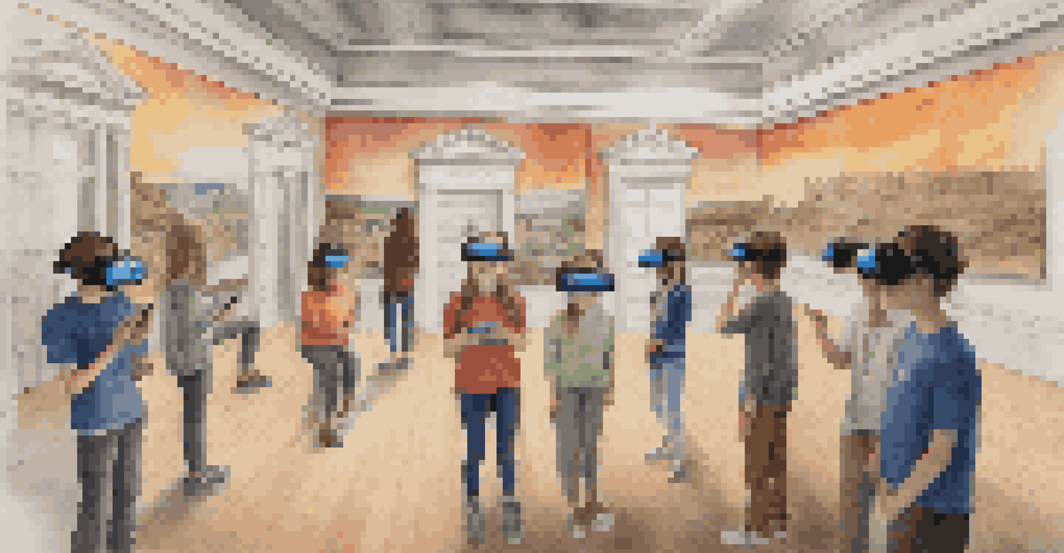Young people experiencing a historic site through virtual reality headsets in a modern classroom, showcasing their excitement and engagement.