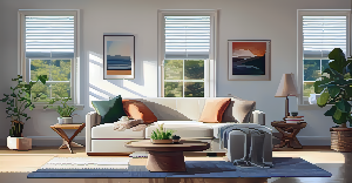 A bright and cozy living room with modern furniture and a potted plant, showcasing a welcoming atmosphere.