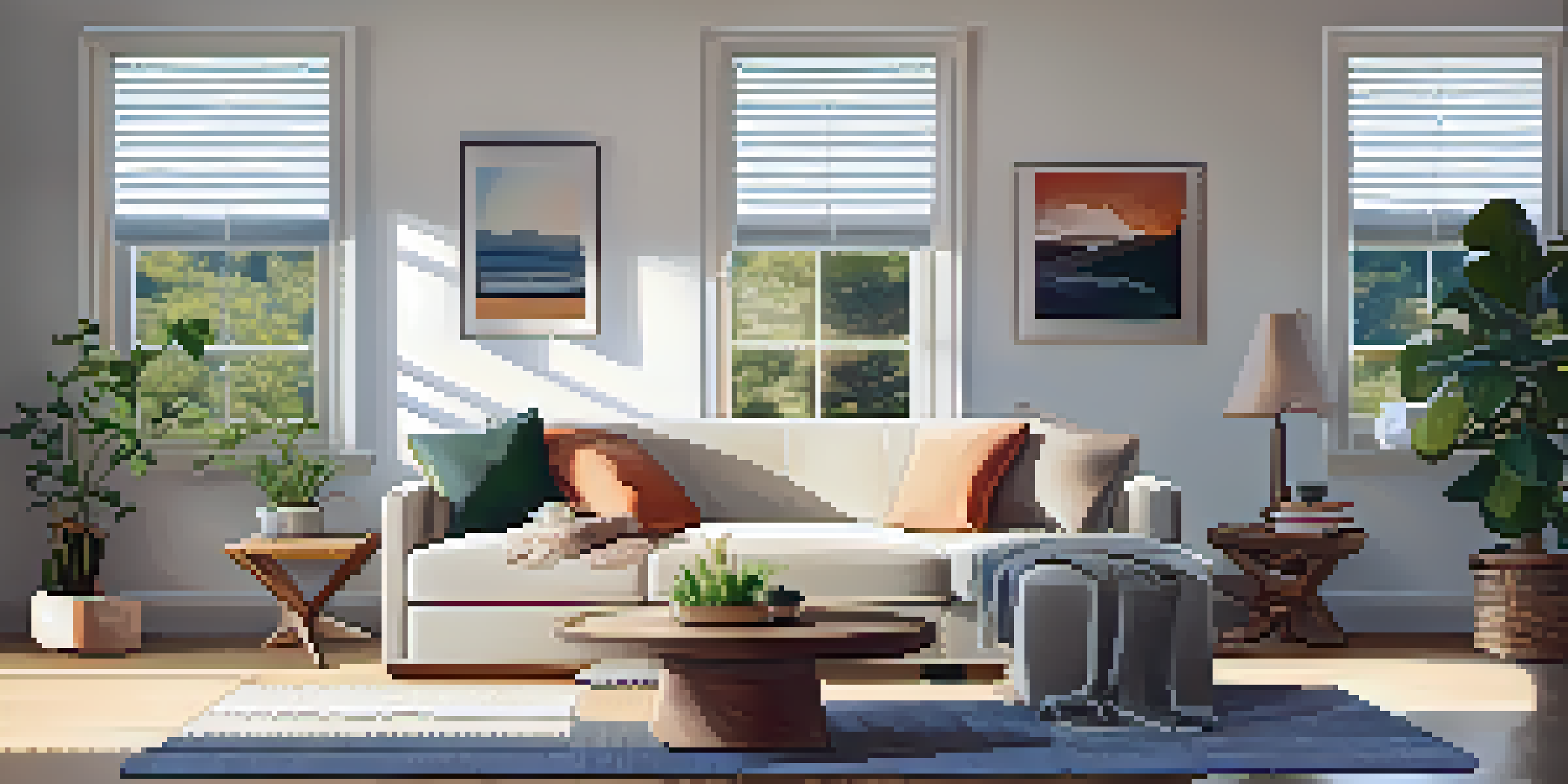 A bright and cozy living room with modern furniture and a potted plant, showcasing a welcoming atmosphere.