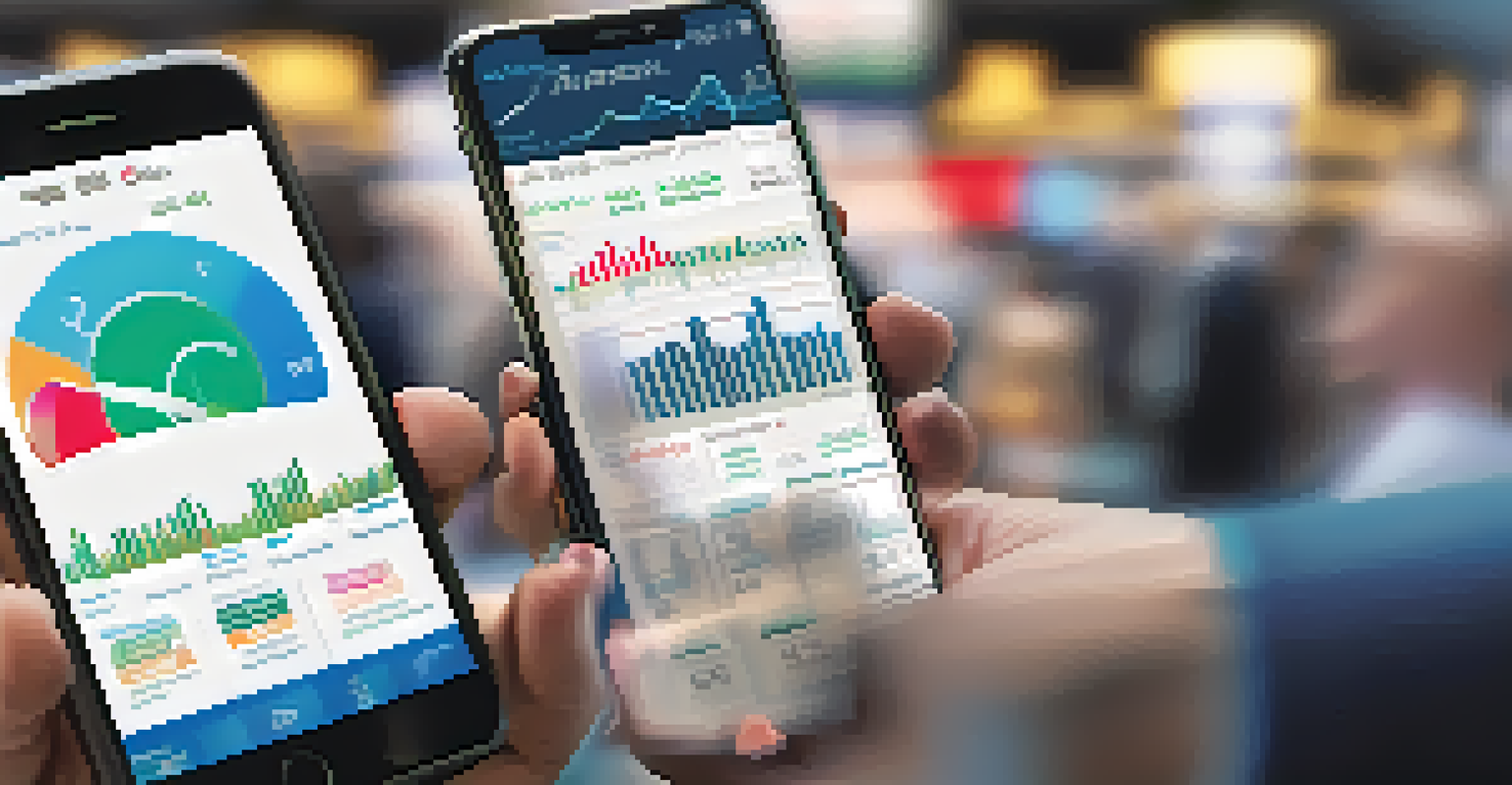 Hands holding a smartphone showing real estate investment trust data against a blurred stock exchange backdrop.