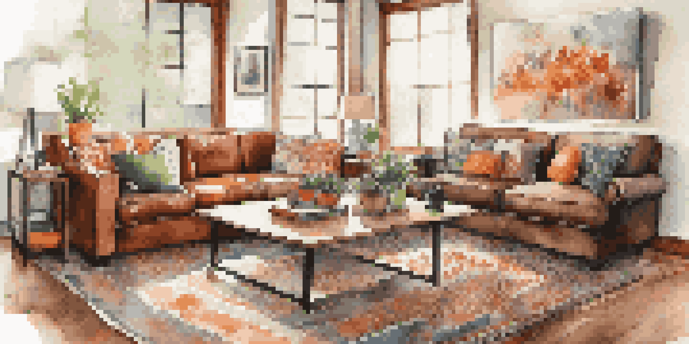 A modern living room with a leather sofa, bright cushions, and a reclaimed wood coffee table, illuminated by natural light and adorned with seasonal artwork.