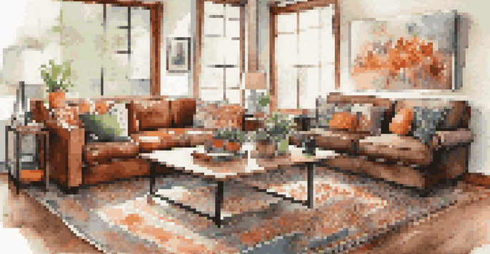 A modern living room with a leather sofa, bright cushions, and a reclaimed wood coffee table, illuminated by natural light and adorned with seasonal artwork.