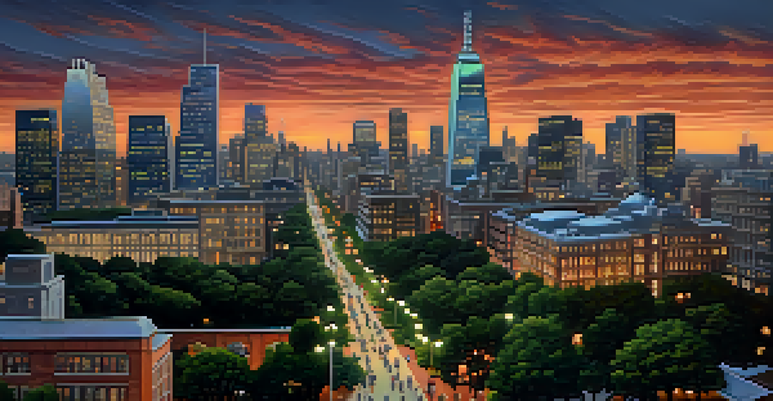 A vibrant city skyline at night with skyscrapers and a park in the foreground.