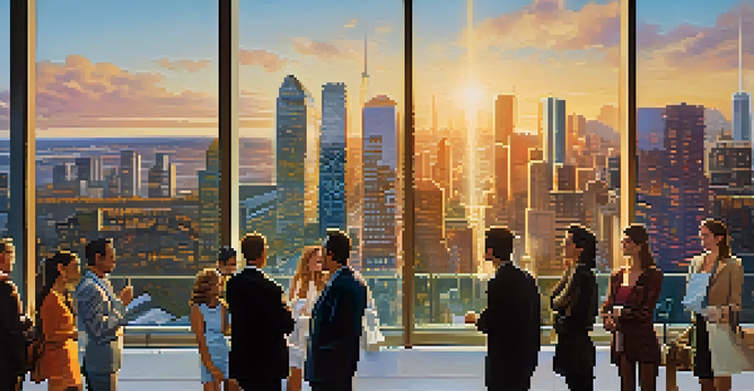 A diverse group of people discussing real estate investments in front of a modern skyscraper during sunset.