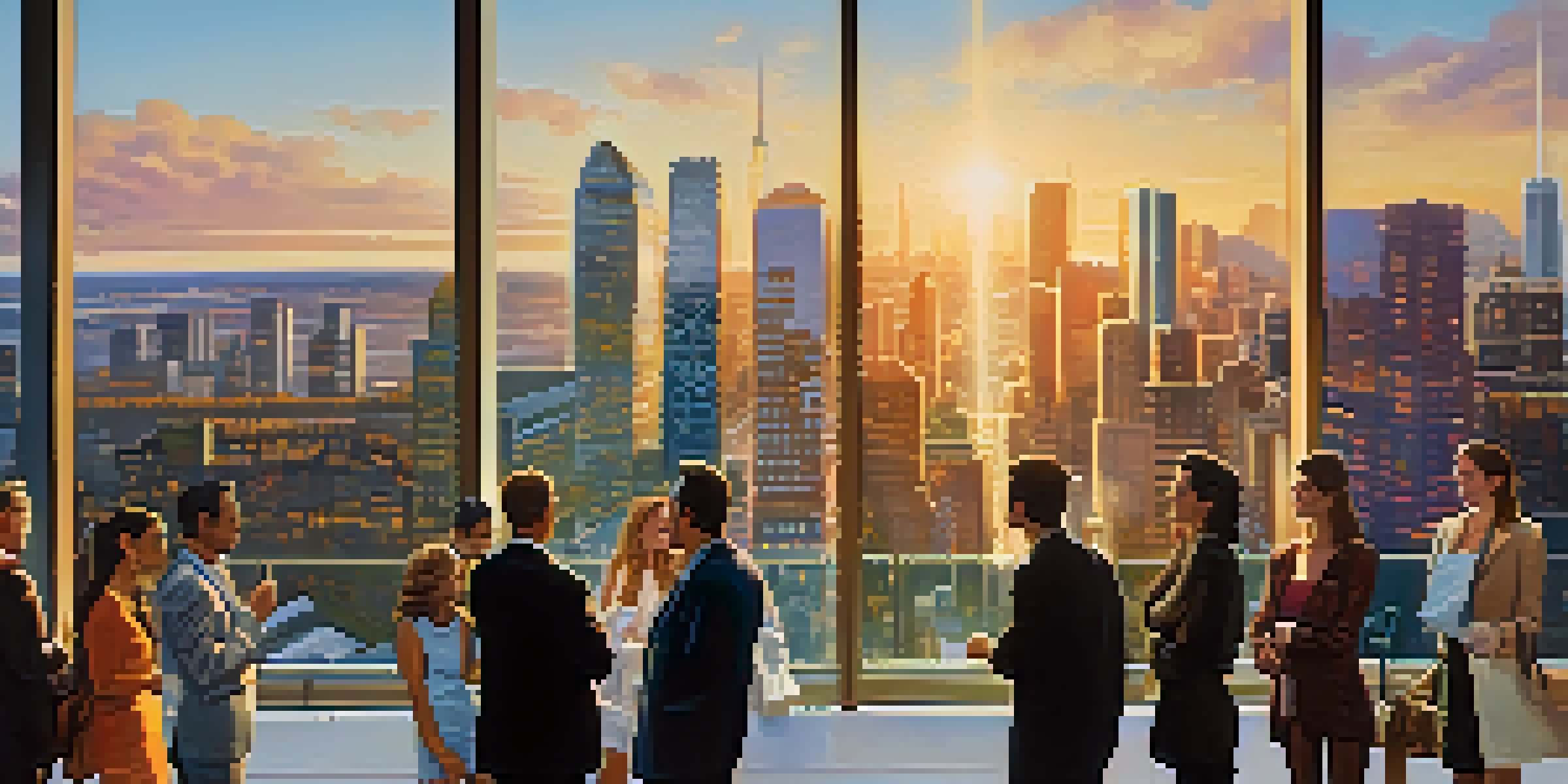 A diverse group of people discussing real estate investments in front of a modern skyscraper during sunset.